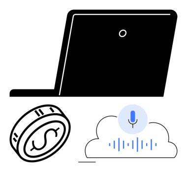 Laptop, coin with dollar symbol, and cloud with microphone and sound waves. Ideal for technology, finance, digital transactions, online payment, cloud computing, voice commands mobile banking clipart