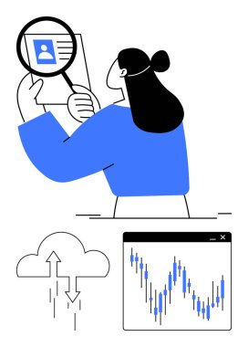 Büyüteç, bulut depolama ikonu ve grafik eğilimli bir kadın profili. Veri analizi, teknoloji entegrasyonu, bulut hesaplaması, çevrimiçi profil değerlendirmesi, pazar araştırması için ideal