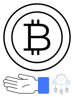 Bitcoin sembolü sarılmış, uzanmış el, bulut ve belgelerle donatılmış. Kripto para birimi, finans, dijital işlemler, ademi merkeziyet, yatırım teknolojisi otomasyonu için ideal. Çizgi