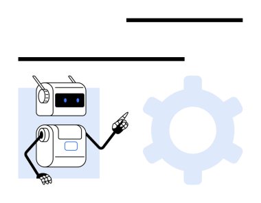 Antenleri, ekran yüzü ve mekanik kolları olan robot mavi dişli ikonu ve siyah yatay çizgileri gösteriyor. Teknoloji, yapay zeka, robot bilimi, makine öğrenimi, otomasyon için ideal