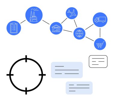 Fabrika, depo, uçak, kamyon, dünya ve alışveriş arabaları için çizgilere bağlı ikonlar içeren tedarik zinciri ağı. Metin baloncukları ve aşağıdaki hedef sembol. Lojistik ve dağıtım envanteri için ideal
