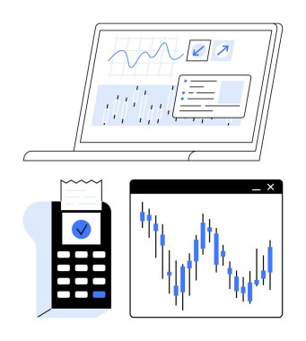 Finansal haritaları gösteren bir dizüstü bilgisayar ve yanında piyasa verileri olan bir web penceresi, faturalı bir ödeme terminali. Finans, veri analizi, piyasa araştırması, bankacılık, yatırım, ticaret için ideal