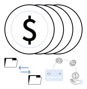 Dolar işaretli paralar, kredi kartı, klasörler ve el alımları mali işlemleri temsil ediyor. Finans, bankacılık, dijital iş, ödemeler, ekonomi para yönetimi için idealdir. Çizgi