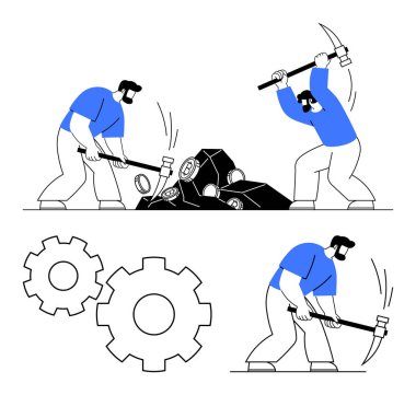 İşçiler büyük kayalara balyozla vurup onları parçaladılar. İki büyük vites mekanik ve endüstriyi sembolize eder. Çalışma, takım çalışması, inşaat, üretkenlik, sanayi ve mekanik için ideal