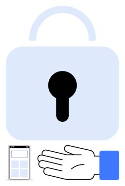 Üzerinde siyah anahtar deliği olan büyük mavi kilit, aşağıda açık mavi ve beyaz bir el ve küçük bir akıllı telefon simgesi olduğunu gösteriyor. Güvenlik, koruma, güvenlik, güvenilirlik, teknoloji ve mahremiyet için ideal