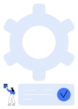 Büyük mavi bir dişlinin önünde mavi işaretli bir listeyi işaretleyen kişi. Üretkenlik, görev yönetimi, proje planlaması, verimlilik, organizasyon, iş akışı optimizasyonu, takım çalışması için ideal