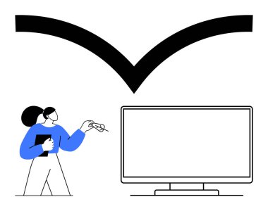 Woman in blue sweater holding clipboard, pointing at checkmark above blank computer monitor. Ideal for presentations, approvals, reviews, certifications, achievements, task completion, education clipart