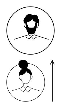 Sakallı bir adamın iki dairesel silueti ve yukarı doğru bir okla bağlanmış çörek giyen bir kadın. Cinsiyet kimliği, dönüşüm, eşitlik, çeşitlilik, dahil etme, ilerleme ve değişim için ideal. Çizgi