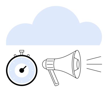 Stopwatch, zaman megafonunun yukarıda ses ve bulut simgesi yaydığını gösteriyor. İletişim, zaman yönetimi, duyurular, dijital depolama, aciliyet, bulut hesaplama ve dijital pazarlama için ideal. Çizgi