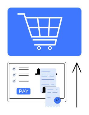 Shopping cart icon above a payment confirmation screen displaying a receipt and Pay button. Ideal for e-commerce, online shopping, checkout process, digital transactions, payment gateways, customer clipart