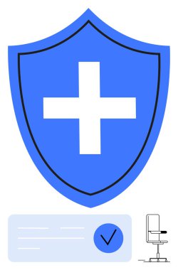 Koruyucu olduğunu gösteren çapraz sembollü kalkan. İşaretli ve ofis sandalyeli bir kontrol listesinin yanında görüntülenmiş. Sağlık, sağlık sigortası, güvenlik, uyum, işyeri ve güvenlik için ideal