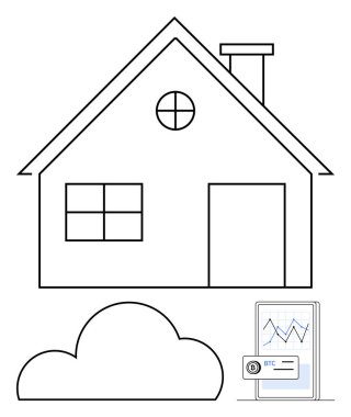 Baca, pencere ve kapısının yanındaki evde Bitcoin grafiği var. Teknoloji, finans, ev otomasyonu, bulut hesaplama, gayrimenkul, kripto para birimi için ideal