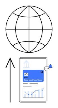 Dijital bankacılık arayüzünün üzerinde yukarı bakan bir okla küre. Finans, teknoloji, küreselleşme, büyüme, çevrimiçi hizmetler, dijital güvenlik, veri analizi için ideal. Satır metaforu