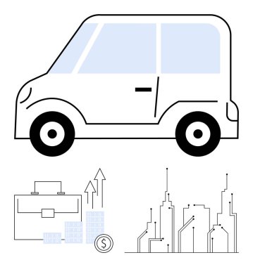 Şeffaf camlı elektrikli araba çizimi, evrak çantası ve bozuk paralarla büyüme çizelgesi ve şehir silüeti. Sürdürülebilirlik, finans, kentsel planlama, teknoloji, ulaşım, gelecek için ideal
