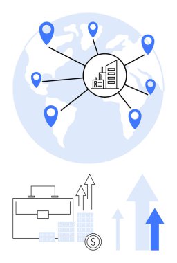 Binaların merkezi simgesine bağlı mavi konum işaretleri olan dünya haritası. Çanta, bozuk para, bar çizelgeleri, yükselen oklar. Küresel iş, pazarlama, lojistik, strateji yönetimi için ideal