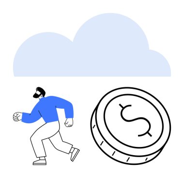 Sakallı adam açık mavi bulutun altında büyük paraların yanında koşuyor. Finans, yatırım, iş başarısı, ekonomik büyüme, zenginlik, tasarruf, özlemler için idealdir. Satır metaforu