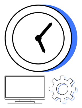 Mavi gölgeli modern saat, bilgisayar monitörü ve vites simgesi. Üretkenlik, zaman yönetimi, teknoloji, iş operasyonları, verimlilik işyeri planlaması ve proje yönetimi için idealdir. Çizgi