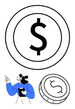 Elinde bir pano olan iş kadını büyük bir dolar işaretinin yanında yukarı bakıyor. Aşağıda, daha küçük bir para para para birimini sembolize eder. Finans, bankacılık, yatırımlar, tasarruflar, ekonomik büyüme ve finans için ideal