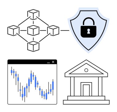 Küplü engelleme ağı, kilitli güvenlik kalkanı, finans piyasası grafiği ve banka binası. Finans, teknoloji, güvenlik, dijital bankacılık, yatırımlar için ideal kripto para birimi
