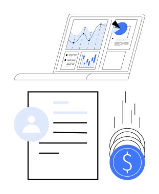 Veri tablolarını, profil belgelerini ve sikkeleri gösteren dizüstü bilgisayar. Finans, kişisel yönetim, veri analizi, iş büyümesi, kariyer geliştirme için ideal internet profilleri gelir. Satır metaforu