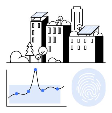 Güneş panelleri olan kentsel ufuk çizgisi dairesel desen çiziyor. Sürdürülebilirlik, teknoloji, enerji verimliliği, akıllı şehirler, yenilik, çevre, veri analizi için idealdir. Satır metaforu