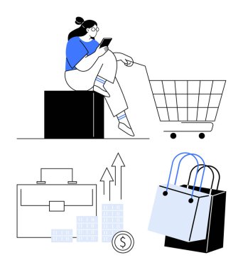 Akıllı telefon kullanan bir kadın el arabasının, evrak çantasının, para destelerinin, çizelgelerin ve alışveriş çantalarının yanında oturuyor. E-ticaret, iş büyümesi, çevrimiçi alışveriş, finansal planlama tüketici davranışı için ideal