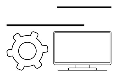 Metin tutucunun altındaki dişli sembolüne bitişik bilgisayar monitörü teknoloji ve veri işleme öneriyor. Teknoloji, programlama, bilişim hizmetleri, veri analizi, sistem ayarları, yazılım için ideal