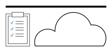 Üzerinde mavi işaretler ve yatay ilerleme çizgisi olan bir kontrol listesi olan bir bulut. Veri yönetimi, bulut hizmetleri, üretkenlik, görev izleme, dijital depolama, organizasyon için ideal
