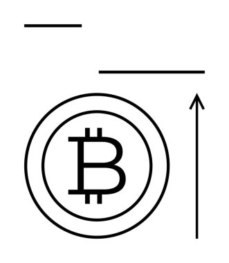 Bitcoin sembolü yukarı doğru ok ve düz çizgiler büyümeyi, yatırımı ve teknolojiyi sembolize eder. Finans, kripto para birimi, dijital para, ekonomik trendler, minimalizm, yenilik için ideal