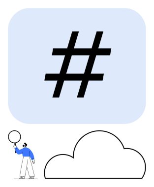 Mavi bir karede büyük siyah bir meta veri sembolü elinde büyüteçle büyük bir bulutun yanında duran minicik bir adam. Sosyal medya, analitik, trend konular, içerik araması ve bulut için ideal