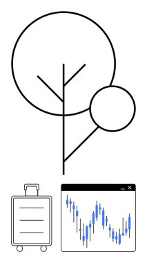 Minimalistic tree with leaf, suitcase, and stock market graph window. Ideal for environmental conservation, travel planning, business finance, investment strategies, eco-tourism promotion, nature clipart