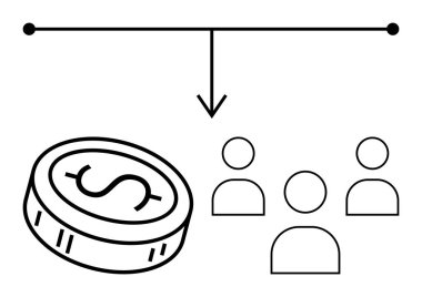 Üzerinde dolar işareti olan bozuk para dört kişi arasında bir ok ile dağıtılıyor. Finans, bütçe, takım çalışması, gelir dağılımı, kaynak tahsisi, fon yönetimi, ekonomik kavramlar için idealdir. Çizgi