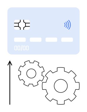 Elektromanyetik çipli kredi kartı ve temassız ödeme ikonu ile birlikte iki vites ve yukarı doğru ok. Finans, bankacılık, teknoloji, ilerleme, dijital işlemler, fintech, yenilik için ideal. Çizgi