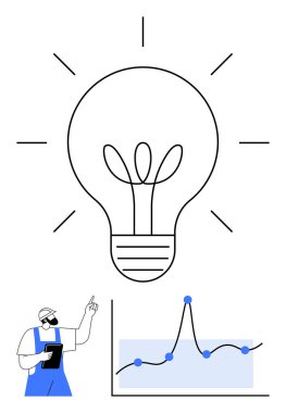 Large light bulb person with clipboard pointing graph below with rising trendline. Ideal for innovation, creativity, data analysis, business growth, strategic planning, research, technology. Line clipart