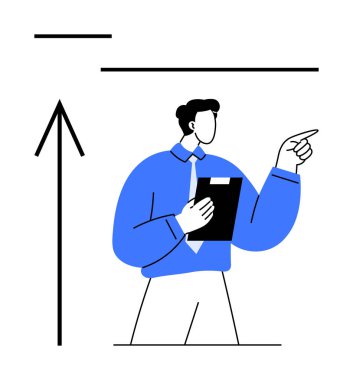 Businessperson panoyu tutuyor ve yanında büyük bir okla yukarıya doğru işaret ediyor. İş büyümesi, motivasyon, kariyer ilerlemesi, liderlik, sunumlar, hedef belirleme ve başarı için ideal