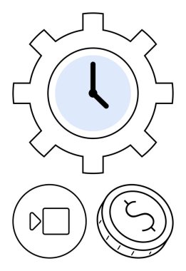 Vites biçimli saat, video oynatma düğmesi ve dolar parası. Ticari verimlilik, zaman yönetimi, mali planlama, çevrimiçi öğrenme, verimlilik, iş akışı optimizasyonu ve ekonomik strateji için ideal