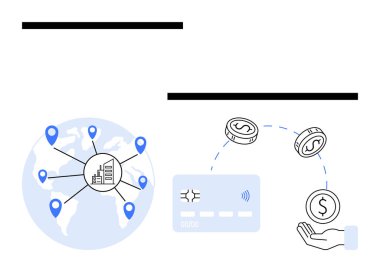 Kredi kartı küresel ölçekte döviz işlemini ve takası kolaylaştırır. Konum etiketi, kredi kartı, bozuk para ve el ile alınan para haritası. Finans, bankacılık ve e-ticaret için ideal