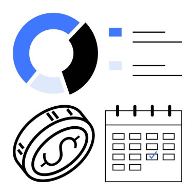 Turta grafiği, veriyi temsil eden çizgiler, dolar parası ve işaretli takvim. Bütçe, mali analiz, teslim tarihleri, zaman yönetimi tasarruf yatırımları iş planlaması için idealdir. Çizgi