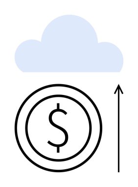 Üzerinde dolar sembolü olan sikke mavi bulutun altında yukarı doğru ok şeklinde. Finans, teknoloji, dijital ekonomi, bulut depolama, iş büyümesi, online başarı, yatırım fırsatları için idealdir. Satır metaforu