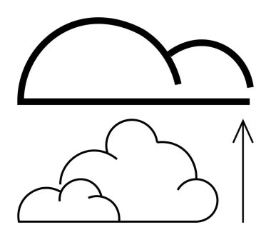 Yukarı bakan bir okla iki şekillendirilmiş bulut çizgisi. Teknoloji, bulut hesaplama, veri transferi, dijital depolama, ağ oluşturma, bağlantı ve çevrimiçi hizmetler için ideal. Satır metaforu