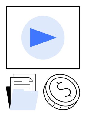 Ekranda mavi oynatma tuşu, belgeli klasör ve bozuk para. İçerik oluşturma, dijital pazarlama, çevrimiçi eğitim, finans hizmetleri, multimedya sunumları ve iş raporları için ideal ekonomi