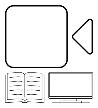 Açık kitap ve bilgisayar monitörünün yanındaki video kamera simgesi. Dijital öğrenme, medya eğitimi, çevrimiçi kurslar, multimedya entegrasyonu, sanal sınıflar, eğitim içeriği, melez