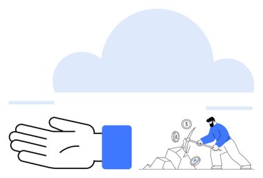 Madencilerin madeni paralar, notlar ve aletlerle uğraştıkları bulutların altında el çabukluğu. Çaba, ödül, yatırım, takım çalışması, başarı, sıkı çalışma ve gayret temaları için idealdir. Satır metaforu