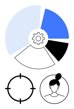 Veri analizini, kullanıcı profilini ve hedef simgeyi temsil eden ortadaki dişli simgesini içeren pasta grafiği. İş analizleri, pazarlama segmentasyonu, kullanıcı hedefleme, müşteri analizi, stratejik