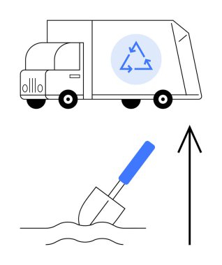 Garbage truck with recycling logo and blue shovel piercing soil, upward arrow symbolizing growth. Ideal for sustainability, waste management, recycling, conservation, environmental awareness clipart