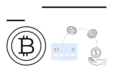 Bitcoin sembolü, kredi kartı, dönen paralar ve bir el. Kripto para birimi, dijital ödeme, fintech, finans zinciri çevrimiçi elektronik işlemler için ideal. Satır metaforu