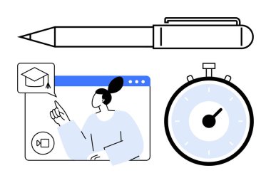 Sanal sınıf mezuniyet şapkası ikonunda kalem kronometresi. Eğitim, e-öğrenim, zaman yönetimi, uzaklık öğrenimi, verimlilik, eğitim araçları, sanal eğitim için idealdir. Satır metaforu