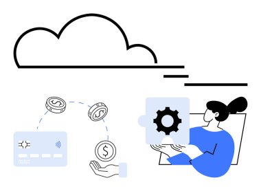 Bulut yukarıda, bir insanın yanında bulmaca parçası, kredi kartı ile el arasında para akışı. Bulut teknolojisi, finans, dijital işlemler, takım çalışması, otomasyon, finansal strateji fintech için ideal