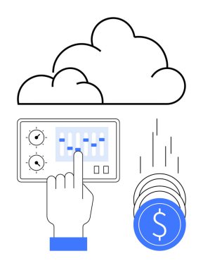 Hand adjusting controls on a touchscreen with cloud icon above and stack of falling coins. Ideal for technology, finance, economic growth, cloud computing, financial management, investment clipart