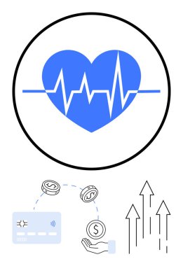 Kalbi atan mavi bir kalp, kart yoluyla nakit ödeme, bozuk paralar, el ele tutuşan para, yükselen oklar. Finans, yatırım, bankacılık sağlık tasarrufu ekonomik büyüme fintech için idealdir. Satır metaforu